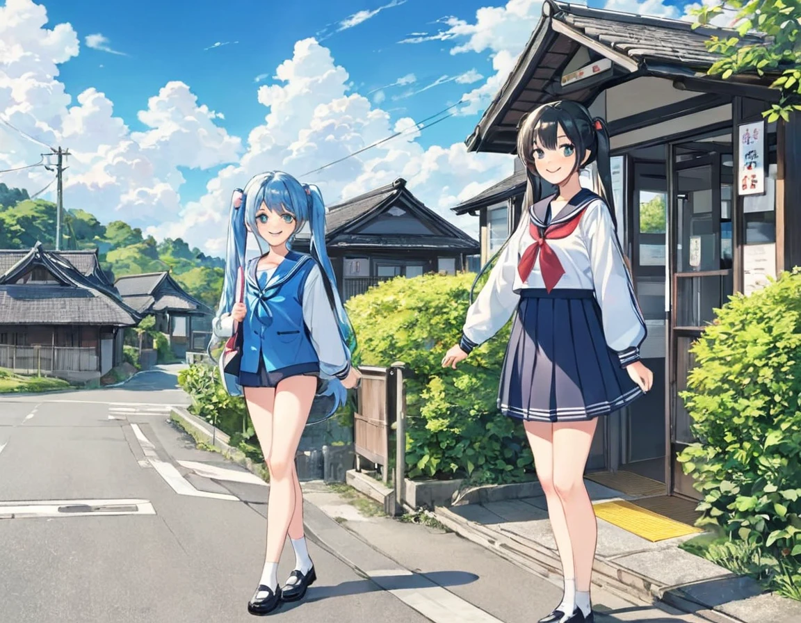 Light blue long hair、Two beautiful girls with twin tails、Sailor suit、Bright smile、Full Body View、Rural Scenery、Rural landscape、Waiting for the bus at the bus stop in front of an old thatched roof house、I can see the bus、White clouds in blue sky、Face Highlights