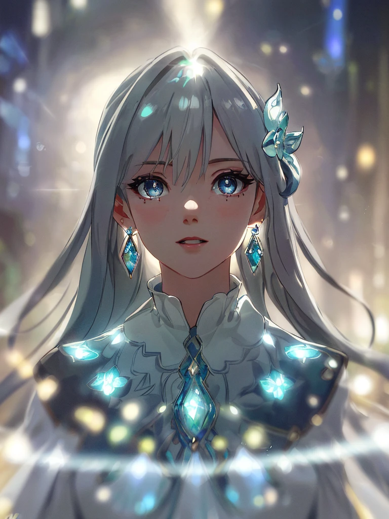 masterpiece, best quality, illustration, sax blue, platinum earrings, platinum necklace, white dress, cute, (dynamic lighting:1.2), cinematic lighting, delicate facial features, detailed eyes, sharp pupils, realistic pupils, depth of field, bokeh, sharp focus, (hyper-detailed, bloom, glow:1.4), many small gems