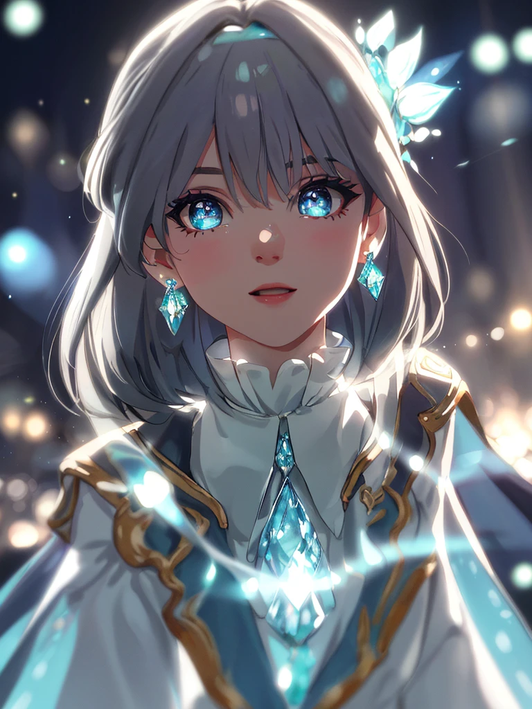 masterpiece, best quality, illustration, sax blue, platinum earrings, platinum necklace, white dress, cute, (dynamic lighting:1.2), cinematic lighting, delicate facial features, detailed eyes, sharp pupils, realistic pupils, depth of field, bokeh, sharp focus, (hyper-detailed, bloom, glow:1.4), many small gems