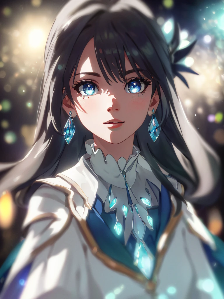 masterpiece, best quality, illustration, sax blue, platinum earrings, platinum necklace, white dress, cute, (dynamic lighting:1.2), cinematic lighting, delicate facial features, detailed eyes, sharp pupils, realistic pupils, depth of field, bokeh, sharp focus, (hyper-detailed, bloom, glow:1.4), many small gems