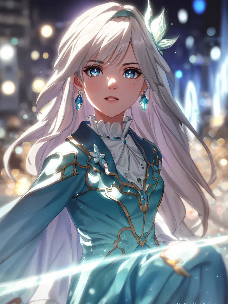 masterpiece, best quality, illustration, sax blue, platinum earrings, platinum necklace, white dress, cute, (dynamic lighting:1.2), cinematic lighting, delicate facial features, detailed eyes, sharp pupils, realistic pupils, depth of field, bokeh, sharp focus, (hyper-detailed, bloom, glow:1.4), many small gems