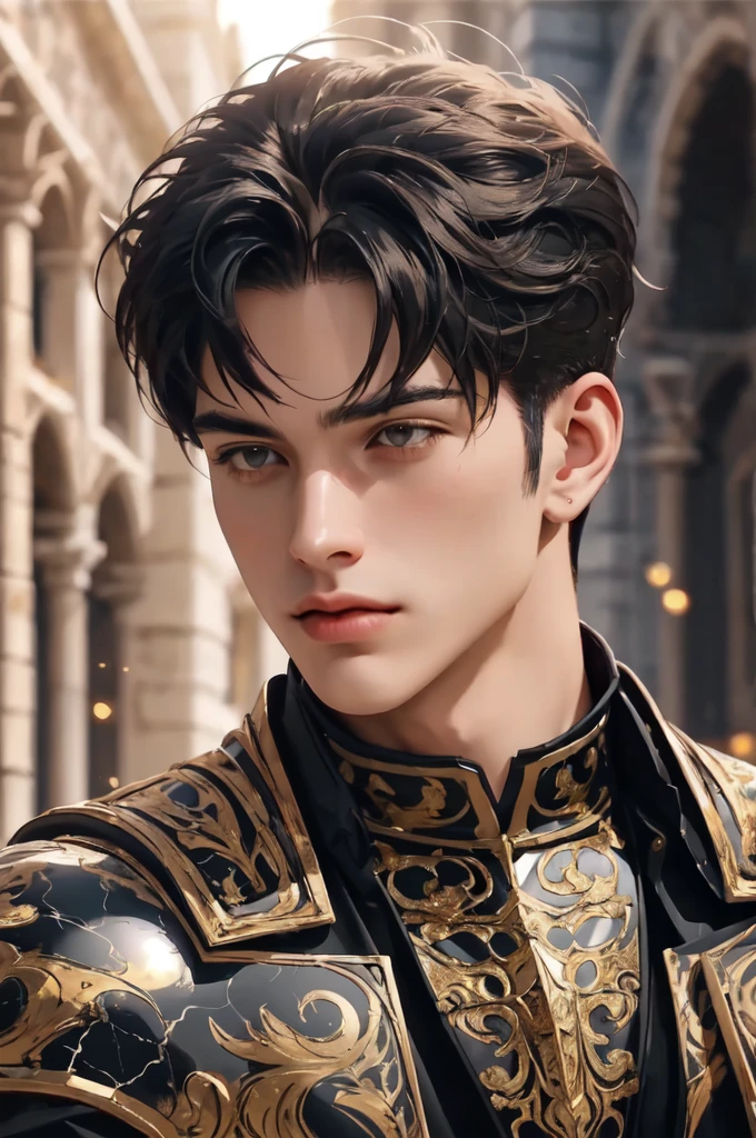 face portrait of a man, wearing (medieval full armor), outdoors, intense sunlight, far away castle, bokeh, depth of field, sunset, muscular, marb1e4rmor, marble, masterpiece, best quality, detailed background, depth of field, intricate details