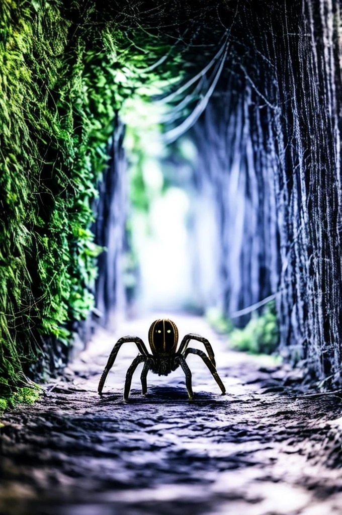 a tunnel covered in spider webs with a giant spider in the background, masterpiece, best, photo realistic