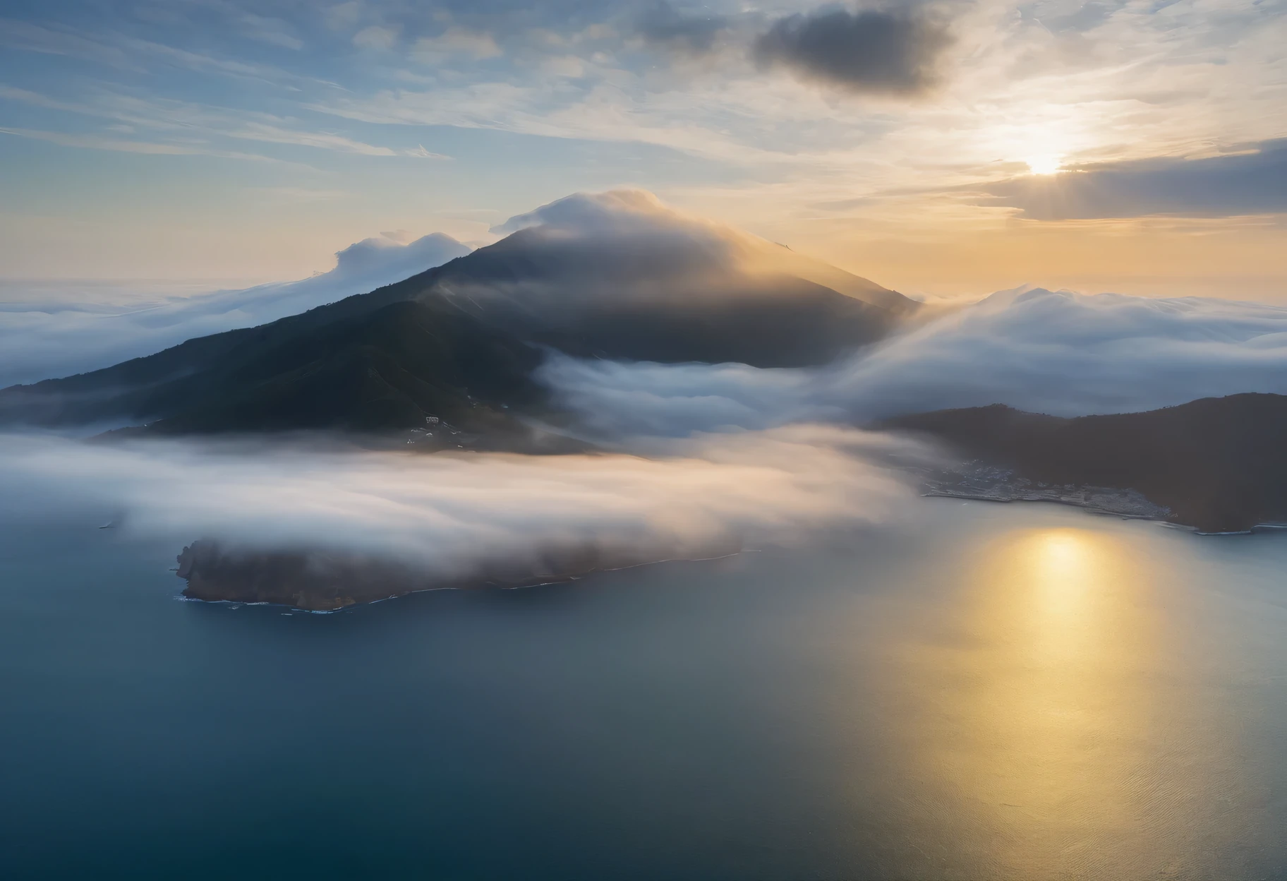 cloud,Dragon-shaped cloud,White dragon god emerging from the cloud，Illuminated by the light of the setting sun ,Background sea,Foggy atmosphere,On-air lighting,Thin cloud,Smooth lines,Light blue and white shades,A serene and majestic sight,Amazing details,Artistic interpretation,Painting Style,masterpiece:1.2