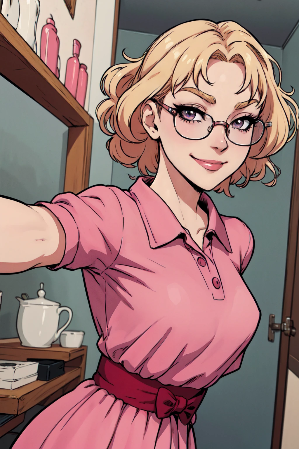 {-erro_de_anatomia:1.0}(best quality,4k,8k,highres,masterpiece:1.2) Anime girl tuxedo with curly hair, blond hair and round gold glasses, rose gold eyes. Guviz style art, attractive detailed art style, Charlie Bowater Style, 1 7 - year - old cute anime girl, detailed manga style, detailed anime character art, germ of art. High detail, stunning manga art style. Rose dress. (pink dress) . Wearing rose gold Victorian clothing, dynamic poses, smile. Different Pose, upper body