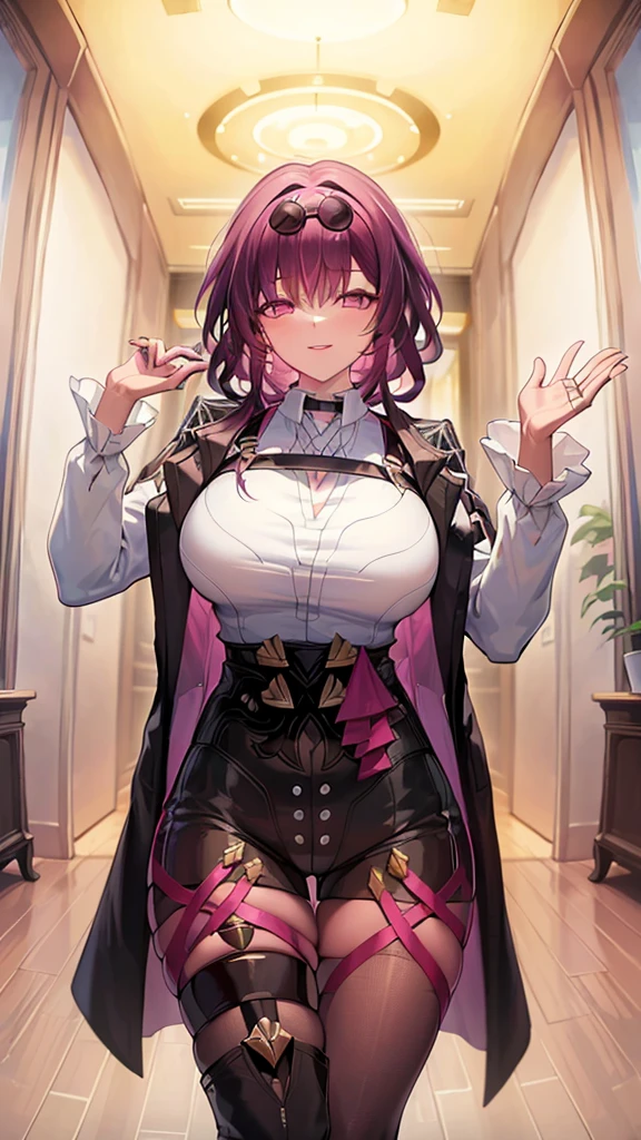 ((masterpiece)),((Highest quality)),High resolution,Extremely detailed CG,Perfect lighting,8k wallpaper, One Girl,Purple Hair,Very long hair、Very large breasts、Very huge breasts、Very big ass、Very thick legs、Smiling、Shorts、tights、Open the buttons on your shirt