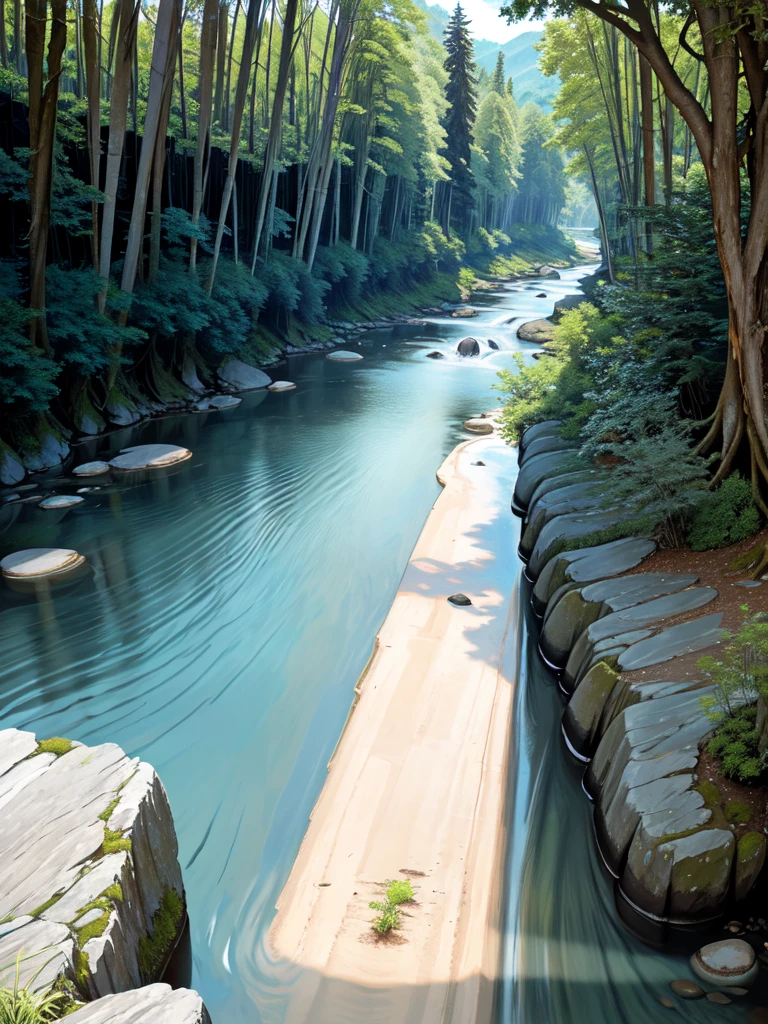A river  with large trees plus natural and natural three with clean water