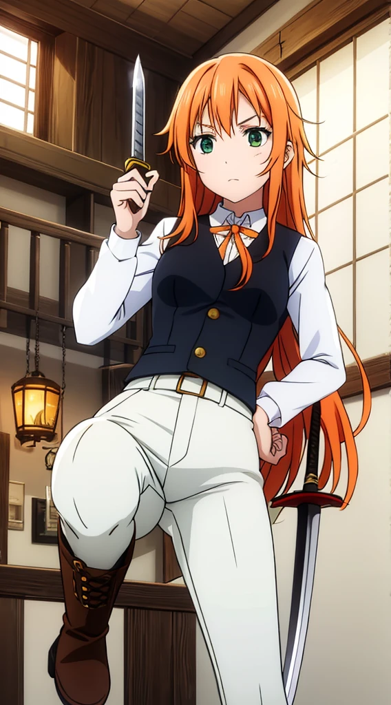 Tied long orange hair, green eyes, white pants, black corset, white long-sleeved blouse, sword at side, brown boots