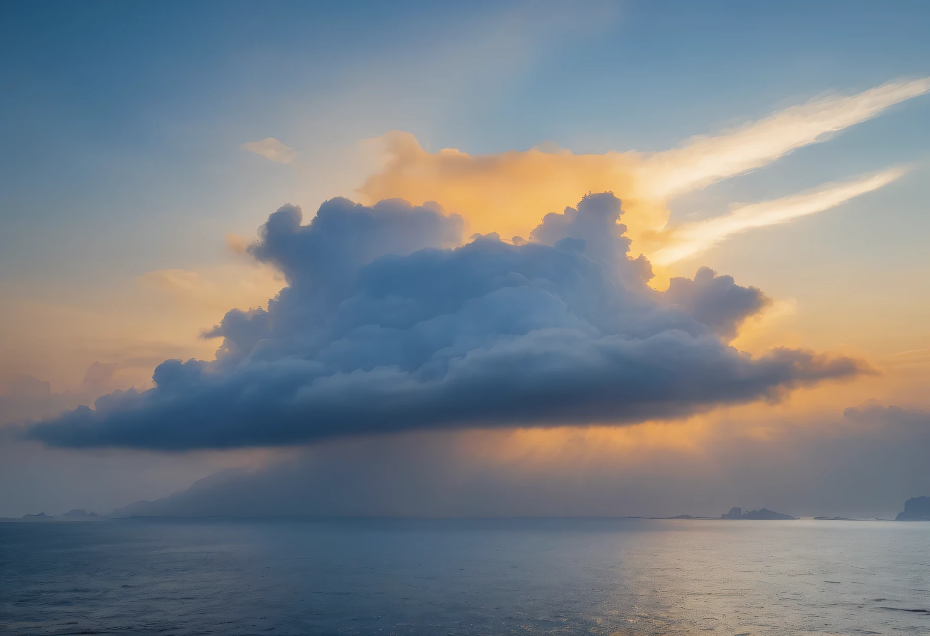 cloud,Dragon-shaped cloud,White dragon god emerging from the cloud，Illuminated by the light of the setting sun ,Background sea,Foggy atmosphere,On-air lighting,Thin cloud,Smooth lines,Light blue and white shades,A serene and majestic sight,Amazing details,Artistic interpretation,Painting Style,masterpiece:1.2