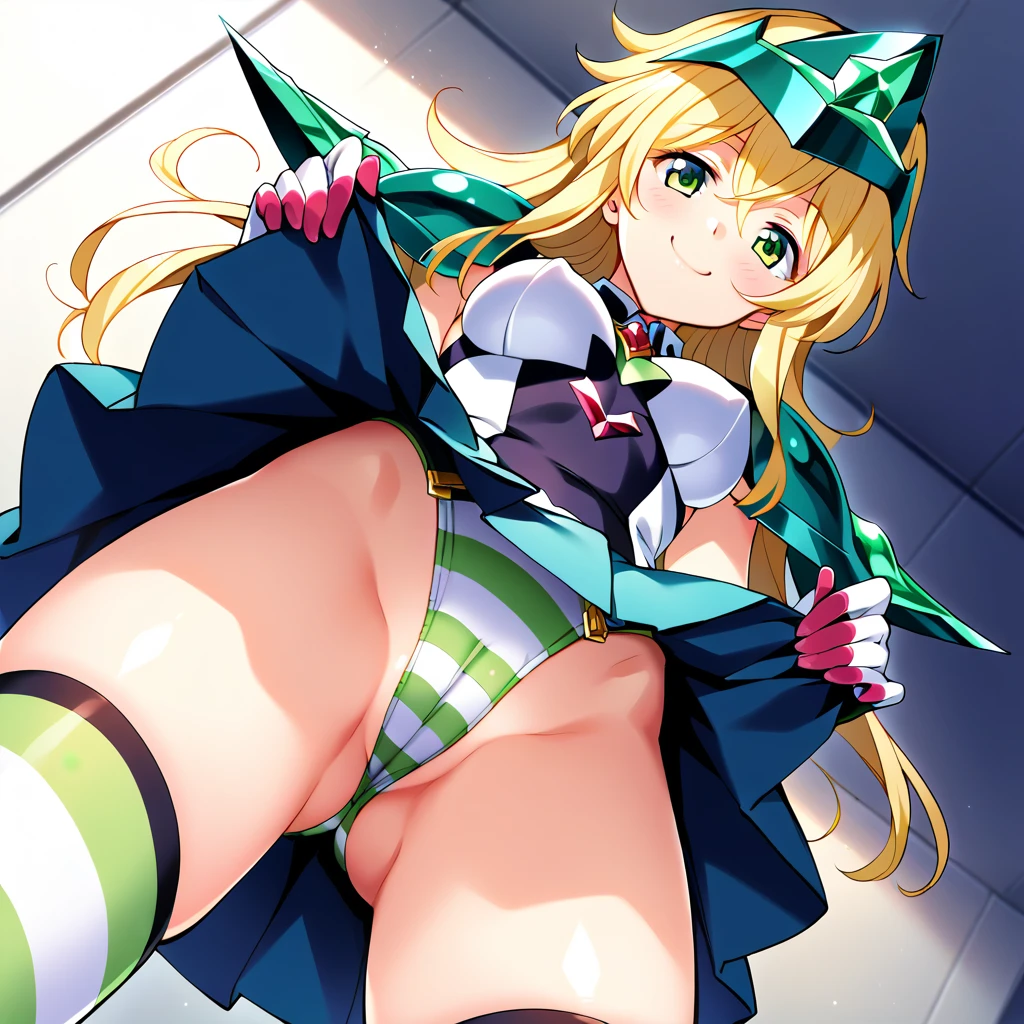 score_9, score_8_up, score_7_up, score_6_up, score_5_up, score_4_up source_anime, rating_safe,best quality, official art, official style, anime_cap, game cg, megami magazine, absurdres,from front.from below, pov,straight-on,standing,(upperbody:1.5),(thighs focus:1.5),(pussy angle view), akatsuki kirika, blonde hair, 1girl, solo, green eyes, looking at viewer,look down, medium breasts ,leotard, armor, shoulder armor, striped thighhighs, (happy,smug), skirt, gloves, ,striped pantiesshot,(skirtlift:1.2),skirt hold bowing、