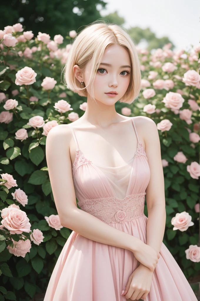 8K, CRU photo, Fujifilm, style photo of a beautiful young woman like Avril in a light pink rose garden (highly detailed skin: 1.2) Style-Petal BREAK short hair, blonde hair with colored highlights, wearing a dress, film grain, 35mm, cute style