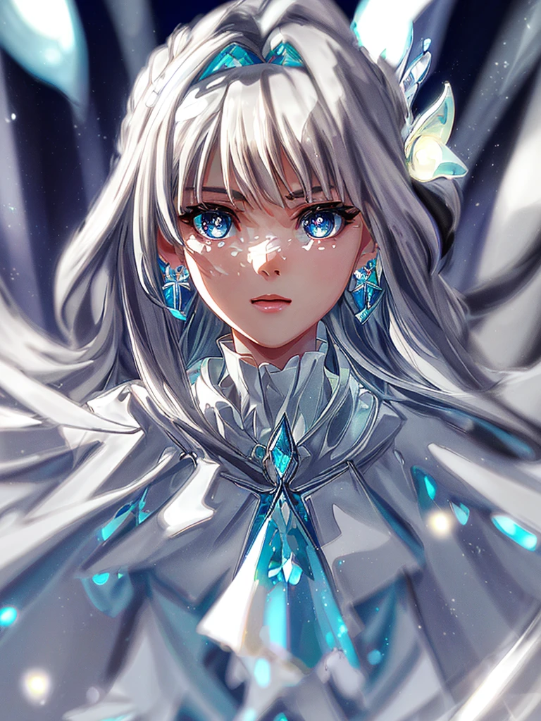 masterpiece, best quality, illustration, sax blue, platinum earrings, platinum necklace, white dress, cute, (dynamic lighting:1.2), cinematic lighting, delicate facial features, detailed eyes, sharp pupils, realistic pupils, depth of field, bokeh, sharp focus, (hyper-detailed, bloom, glow:1.4), many small gems