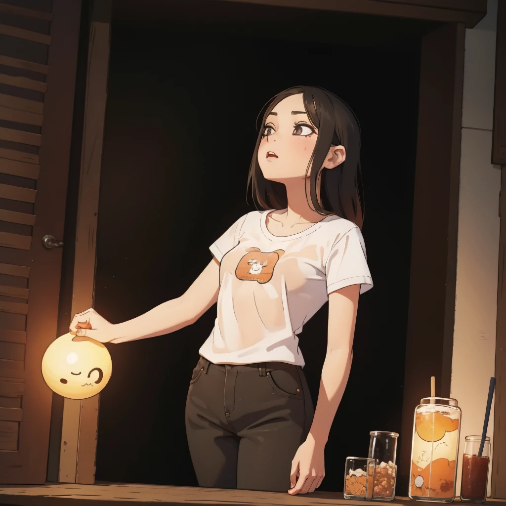sexy girl, drunk face , transparent white t-shirt, dark environment, macabre scene, transcendental journey through LSD use , lunatic travel