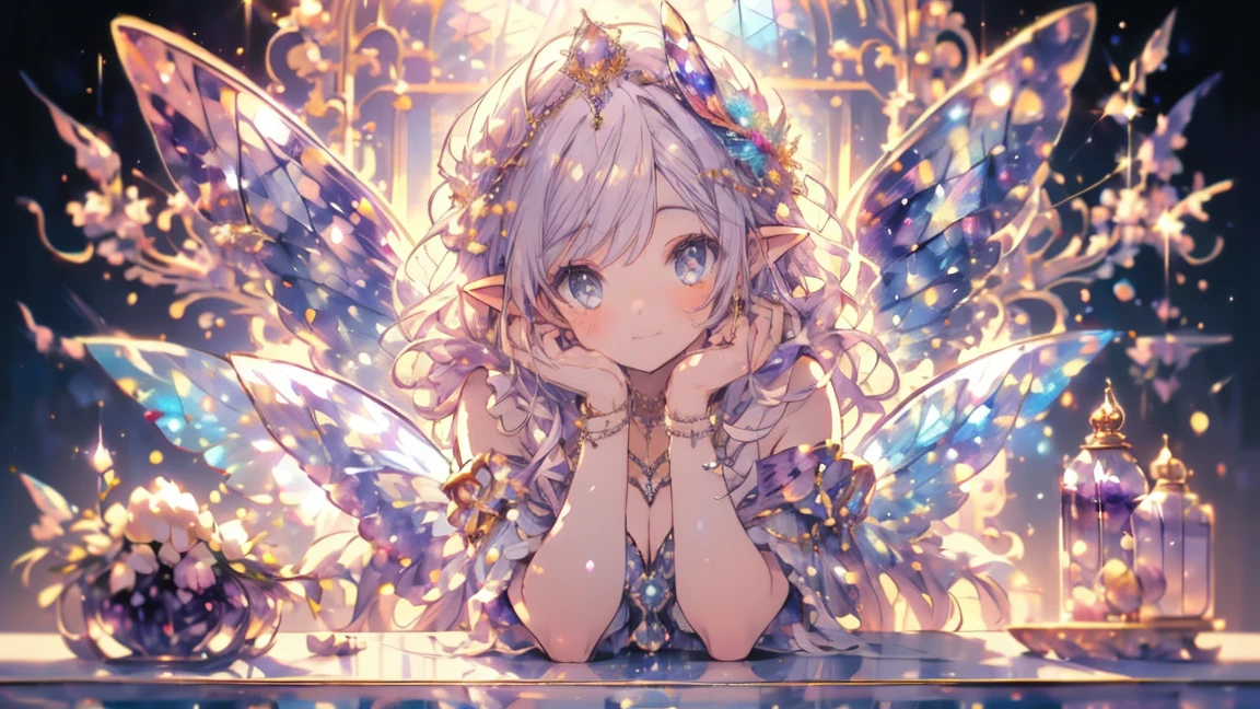 (masterpiece,highest quality, very detailed, beautiful, exquisite, 16k, Full HD),((body whole)), ((white background)),((smile,Happy:1.5)),((frills, rhinestone and amethyst,Sparkling purple fluffy layered ball gown)),((city)),((butterfly wings)),(amethyst tiara,amethyst choker,amethyst earrings,amethyst shoes,)(pink medium hair,hair blowing in the wind, fluffy hair),(white skin,lavender eyes, long eyelashes, Big eyes,pale pink cheeks, pointy ears),dazzling light, warm lighting, (pastel colour,table top, art station, fantasy art:1.2),