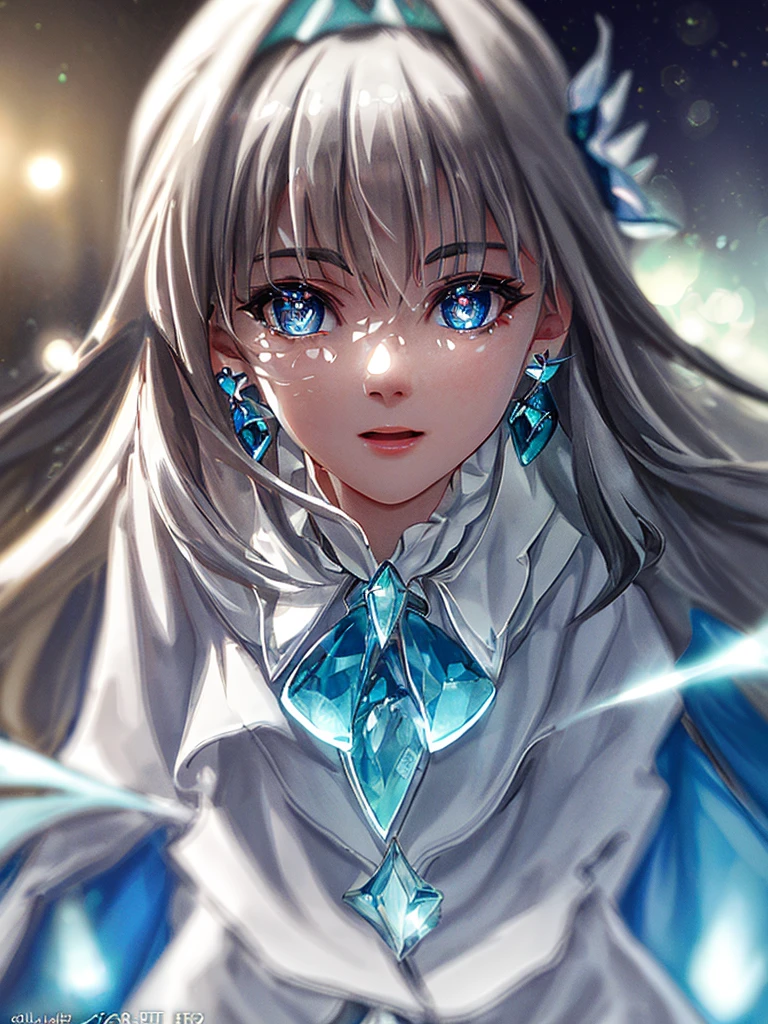 masterpiece, best quality, illustration, sax blue, platinum earrings, platinum necklace, white dress, cute, (dynamic lighting:1.2), cinematic lighting, delicate facial features, detailed eyes, sharp pupils, realistic pupils, depth of field, bokeh, sharp focus, (hyper-detailed, bloom, glow:1.4), many small gems