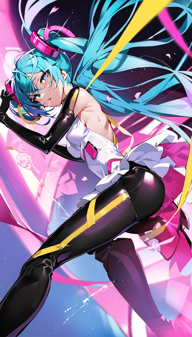 masterpiece, Highest quality, One girl, alone, Long Hair, hatsune miku, Twin tails, very Long Hair, ultragirl, bodysuit, Blue Hair, gloves,boots， whole body, blue eyes, floating, View your viewers, hair ornaments,  black gloves, Multicolored Hair, Facial blemishes, Sleeveless Dress, flower, Part your lips, absurdly Long Hair, elbow gloves, White Dress, Hair between the eyes, Browsing Caution,Heart-shaped pupils,orgasm, Beautiful ass,Sweat,(Urinating)
