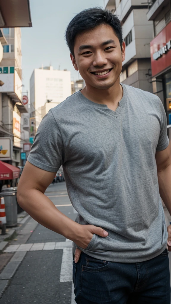 asian man smile peace background is city