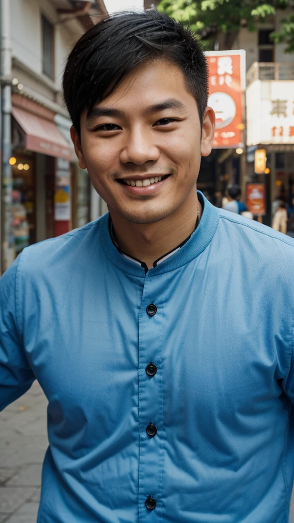 asian man smile peace background is city