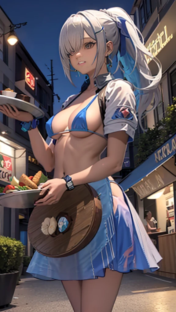 Realistic, masterpiece, Highest quality, (Beautiful Eyes), One high school girl, , Sweat, night, Outdoor, Vibrant restaurant, Micro  in, String-only micro , Grin, Wet Face, Wet body, ponytail, Earrings,  White apron,  Puff short sleeves,  Small tray,  Central opening, 