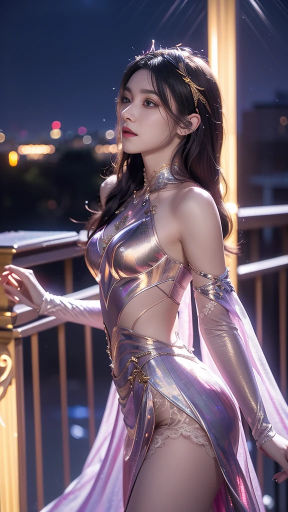 8K, Ultra HD, masterpiece, best quality, 1 girl, ((Realistic face)), Happy pace, Very long hair, Small Breasts, Perfect waist, Decorated Dress, very beautiful Decorations dress, golden, ((Lace)), Mesh dress, Flowing mesh cape, sardine, cycle, ((Decorations)), legendary night balcony, ((night:1.5)), Depth of Field, light, Chromatic Aberration, Motion Blur, 发光的light, Divine Light, Ray Tracing, ((reflected light)), Backlight, bloom, Chromatic Aberration abuse, Various solid colors, Abdominal poses,