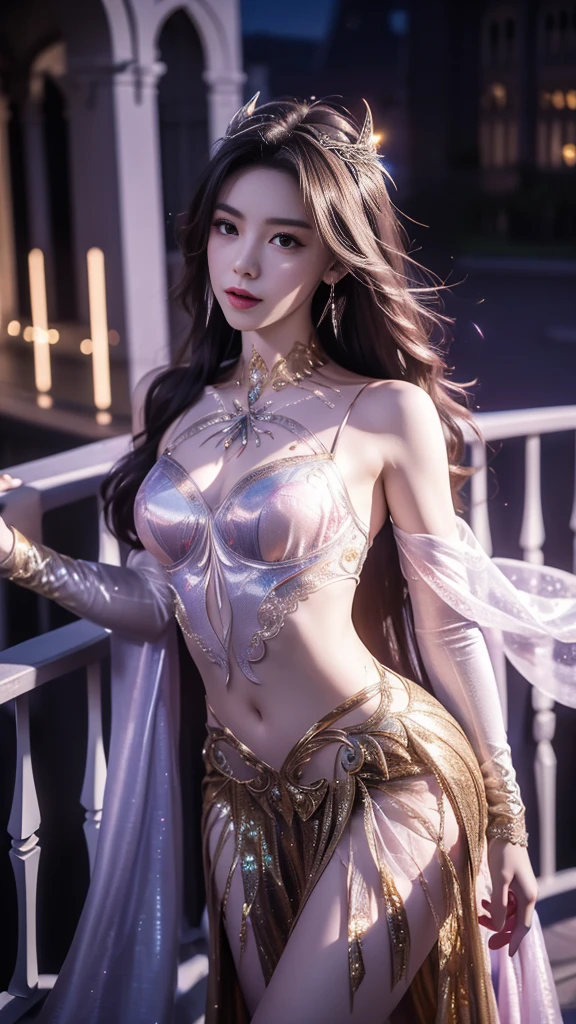 8K, Ultra HD, masterpiece, best quality, 1 girl, ((Realistic face)), Happy pace, Very long hair, Small Breasts, Perfect waist, Decorated Dress, very beautiful Decorations dress, golden, ((Lace)), Mesh dress, Flowing mesh cape, sardine, cycle, ((Decorations)), legendary night balcony, ((night:1.5)), Depth of Field, light, Chromatic Aberration, Motion Blur, 发光的light, Divine Light, Ray Tracing, ((reflected light)), Backlight, bloom, Chromatic Aberration abuse, Various solid colors, Abdominal poses,