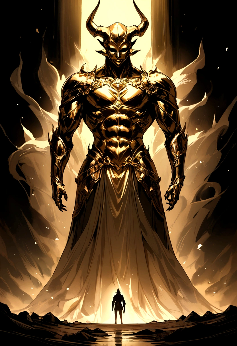 A golden demon standing in the darkness, fully visible
