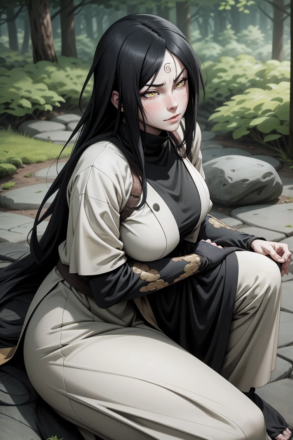 {-erro_de_anatomia:1.0} estilo anime, Masterpiece, absurdities, Orochimaru\(Naruto\), 1girl Solo, Mature woman, Oversized shirt with broad shoulders, Perfect composition, Detailed lips, large breasts, Beautiful face, body proportion, Blush, Long black hair, ( black hair), yellow eyes, (sexy), Soft gauze, Super realistic, Detailed, photo shoot, Realistic faces and bodies, masterpiece, best quality, best illustration, hyper detailed, 1 girl, solo, glamorous, blushing, whole body, sitting on the ground, on nature, dimanic poses