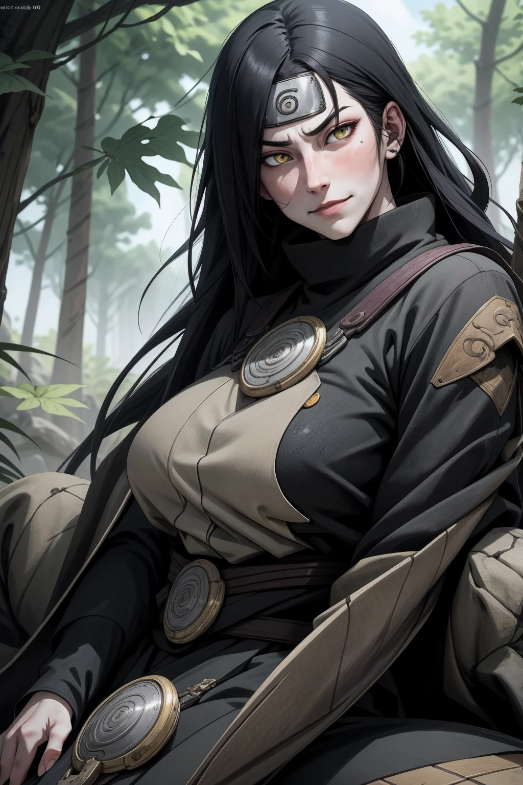 {-erro_de_anatomia:1.0} estilo anime, Masterpiece, absurdities, Orochimaru\(Naruto\), 1girl Solo, Mature woman, Oversized shirt with broad shoulders, Perfect composition, Detailed lips, large breasts, Beautiful face, body proportion, Blush, Long black hair, ( black hair), yellow eyes, (sexy), Soft gauze, Super realistic, Detailed, photo shoot, Realistic faces and bodies, masterpiece, best quality, best illustration, hyper detailed, 1 girl, solo, glamorous, blushing, whole body, sitting on the ground, on nature, dimanic poses