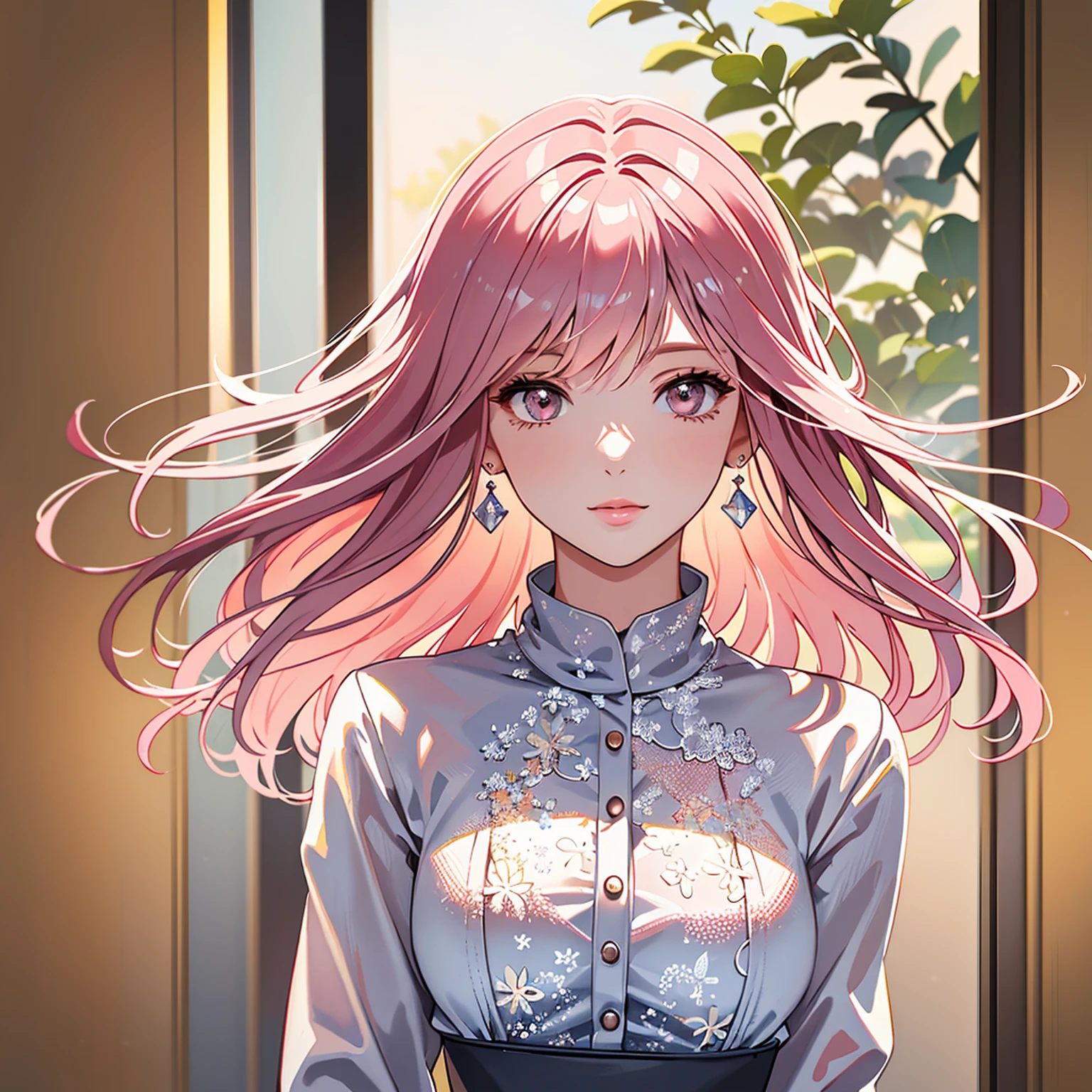 (masterpiece, high quality, 4k:1.4), 1girl, solo, pink hair, brown eyes, double-parted bangs, long hair, (mature female, mature:1.2), mole under eye, earrings, brown jacket, white lace dress, close up, detailed face, beautiful detailed eyes, beautiful detailed lips, extremely detailed face, long eyelashes, intricate details, cinematic lighting, warm color palette, dramatic lighting