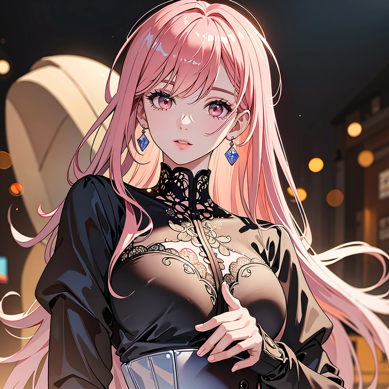 (masterpiece, high quality, 4k:1.4), 1girl, solo, pink hair, brown eyes, double-parted bangs, long hair, (mature female, mature:1.2), mole under eye, earrings, brown jacket, white lace dress, close up, detailed face, beautiful detailed eyes, beautiful detailed lips, extremely detailed face, long eyelashes, intricate details, cinematic lighting, warm color palette, dramatic lighting