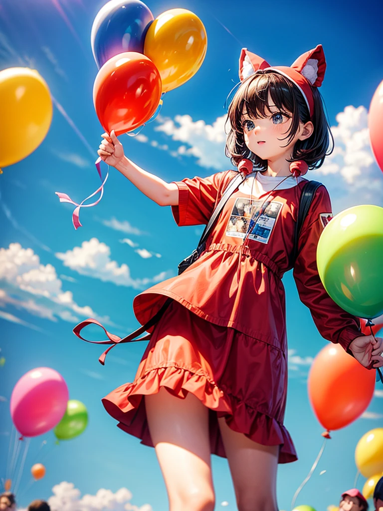 Highest quality,Highest Resolution,Mascot with balloons and parent and ,