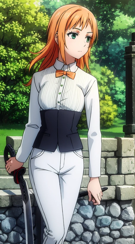 Tied long orange hair, green eyes, white pants, black corset, white long-sleeved blouse, sword at side, brown boots