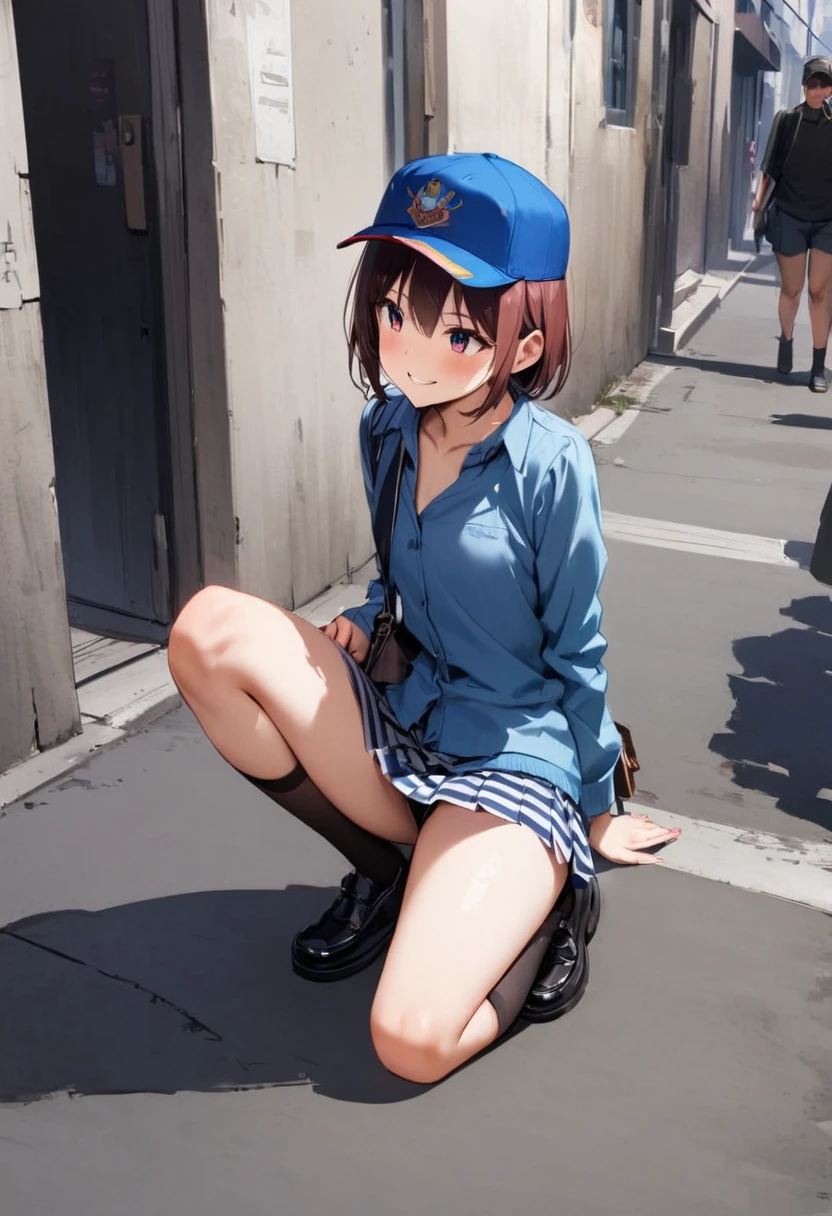 spread legs with squatting pose、M-shaped legs、Spread your legs、Sit on the ground、I'm looking away、In town、bustling street、cap、striped patternパンティ、Panty shot、Shoulder bag、mini skirt、Private Server、Girl、Girl、Younger、、flat chest、Dynamic Angle、smile、Both eyes open、Voyeur style、ground