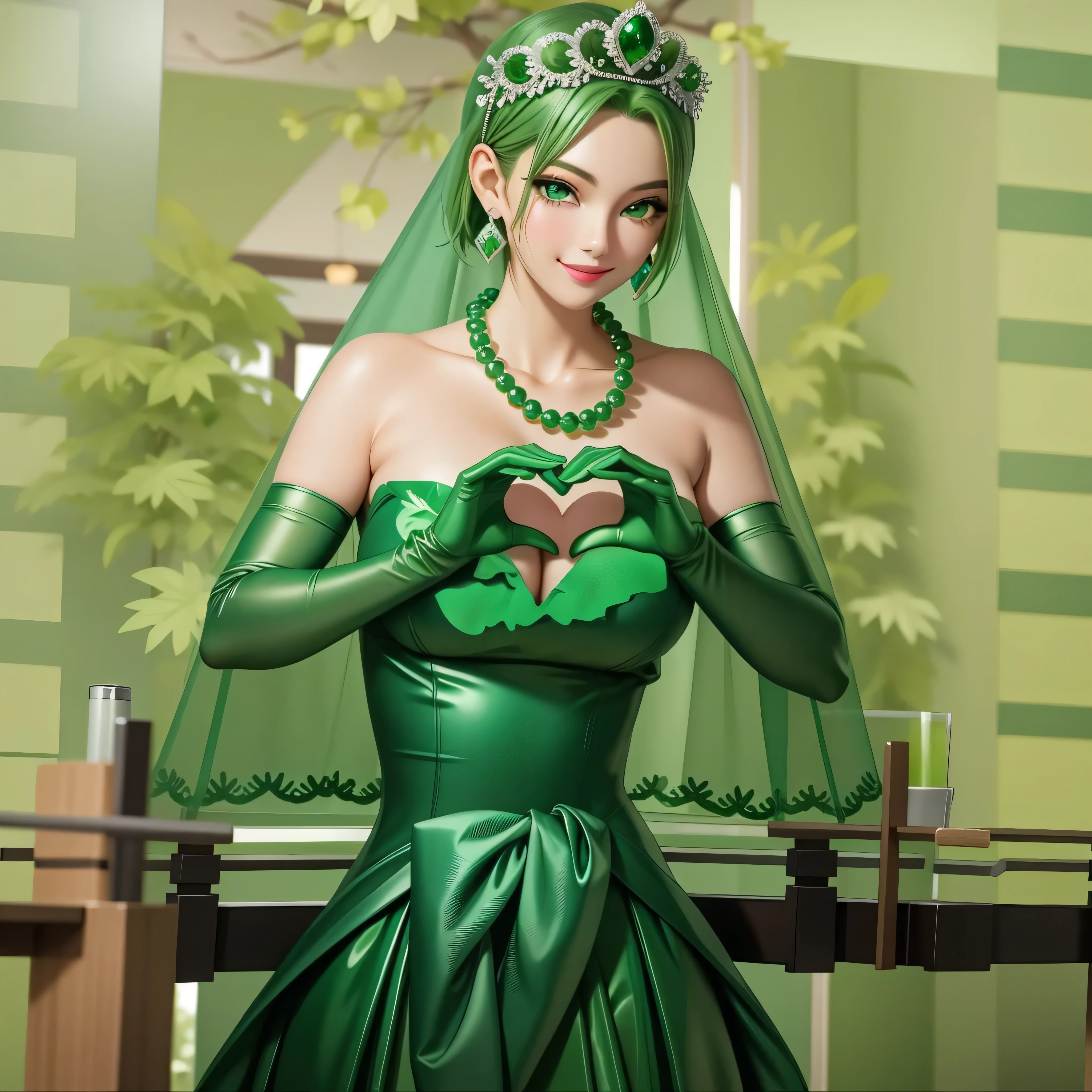 emerald tiara, Green Pearl Necklace, Boyish very short green hair, Green Lips, Smiling Japanese woman, Very short hair, Busty beautiful lady, Green Eyes, Green satin long gloves, Green Eyes, Emerald Earrings, Green veil, Heart with both hands, Heart shaped hands, Green Hair, Beautiful Japanese Women, green lip gloss