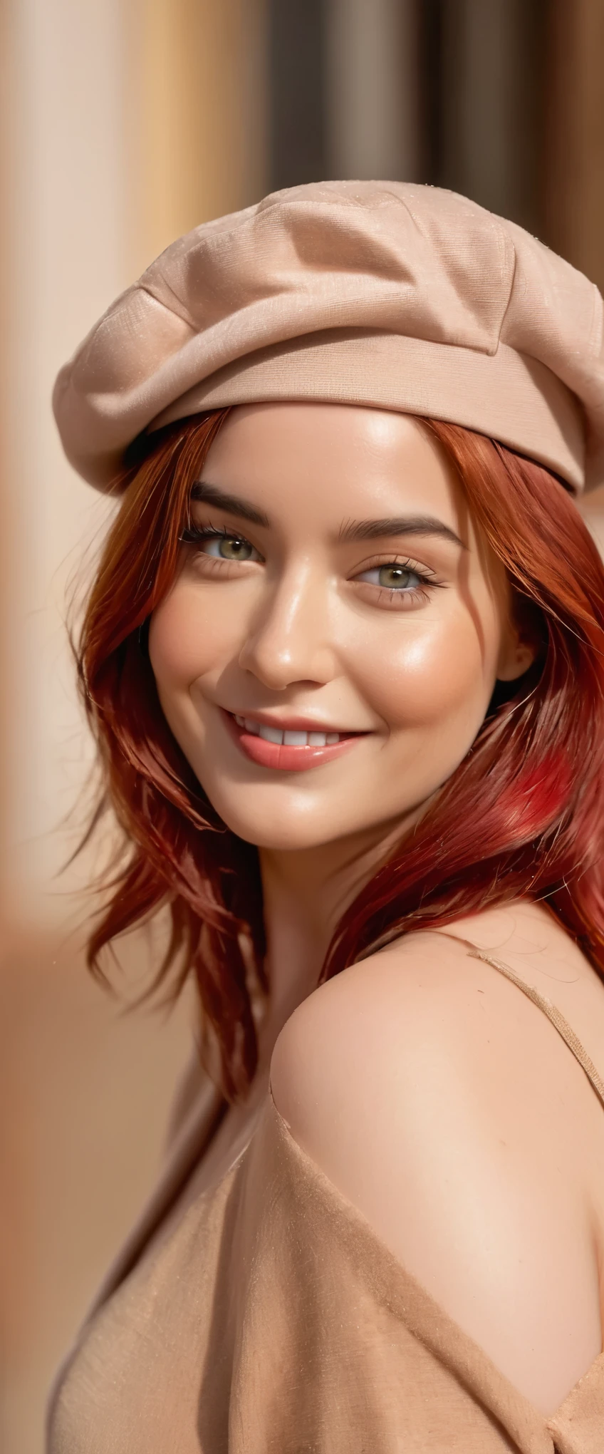 Masterpiece, High Resolution, Nude, asymmetrical hair, hair over shoulder, messy hair, medium hair, red hair, beret, wide eyes, glowing eyes, hazel colored eyes, smile, light smile, plus size, cinematic lighting, social media composition, close-up, Eye-Level Shot, Sony FE, anatomically correct, super detail, award winning, 4K