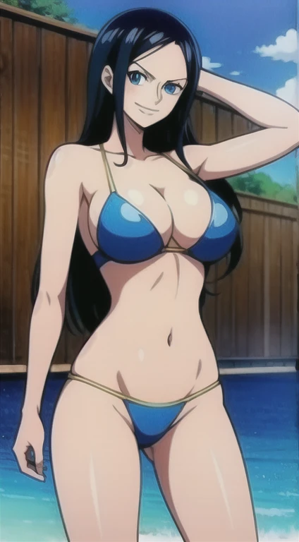 Nico Robin One Piece, 8k, Perfect quality eyes blue eyes Nico Robin, 1girl, aqua eyes, Black hair, smile venus bikini, areola slip