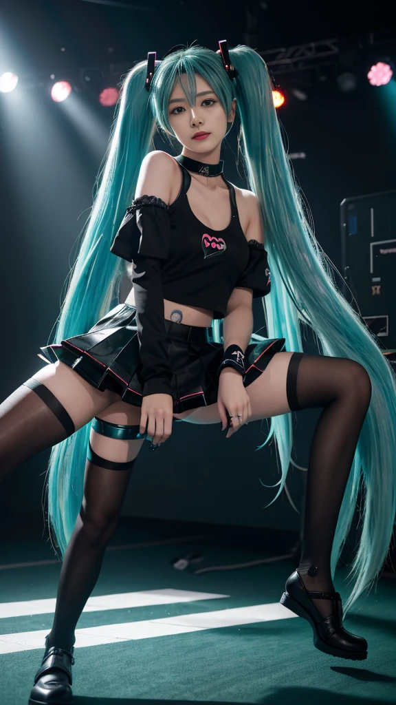 best quality， High resolution， Big breasts Hatsune Miku， Expression， Mascara， black t-shirt has， black skirt， Lace stockings， high shoes， ((Spread your legs))，  choker necklace， nipple piercing， Heavy eyeliner， dark eye makeup， Pale skin， Nail accessories， Wristband， complex foundation， blink， Scribble， drink， poster for， background with， sound board， Subsurface， crow， loud， Sweating， full of prunes， Mosin， narrow， inside the room， Masterpiece, best quality,  alone, smile, heart dancer, full body, see viewers, long blue hair, double tail, stand on stereo, stage, ไฟstage, stage focus, Detailed background, audience, (front focus), Keywords: 1 girl taking pictures., (((Hatsune Miku))),  Surrealistic portrait, fantasy art, Take realistic photos, dynamic light,  Volumetric light, Very detailed face, 8K, won, 1 girl, 25 year old girl,low voice, Long hair, two tails with horses., Tosca&#39;s hair and eye color are bright. (((Rich in colour))), Nack shoes , full body, Big smile (open mouth), Wet skin, Highly detailed facial and skin textures, Detailed eyes, realistic eyes, Detailed eyesสวยงาม, (realistic skin), (((Futuristic Hatsune Miku dress 1:1))), Dynamic Post，full body photo，full body