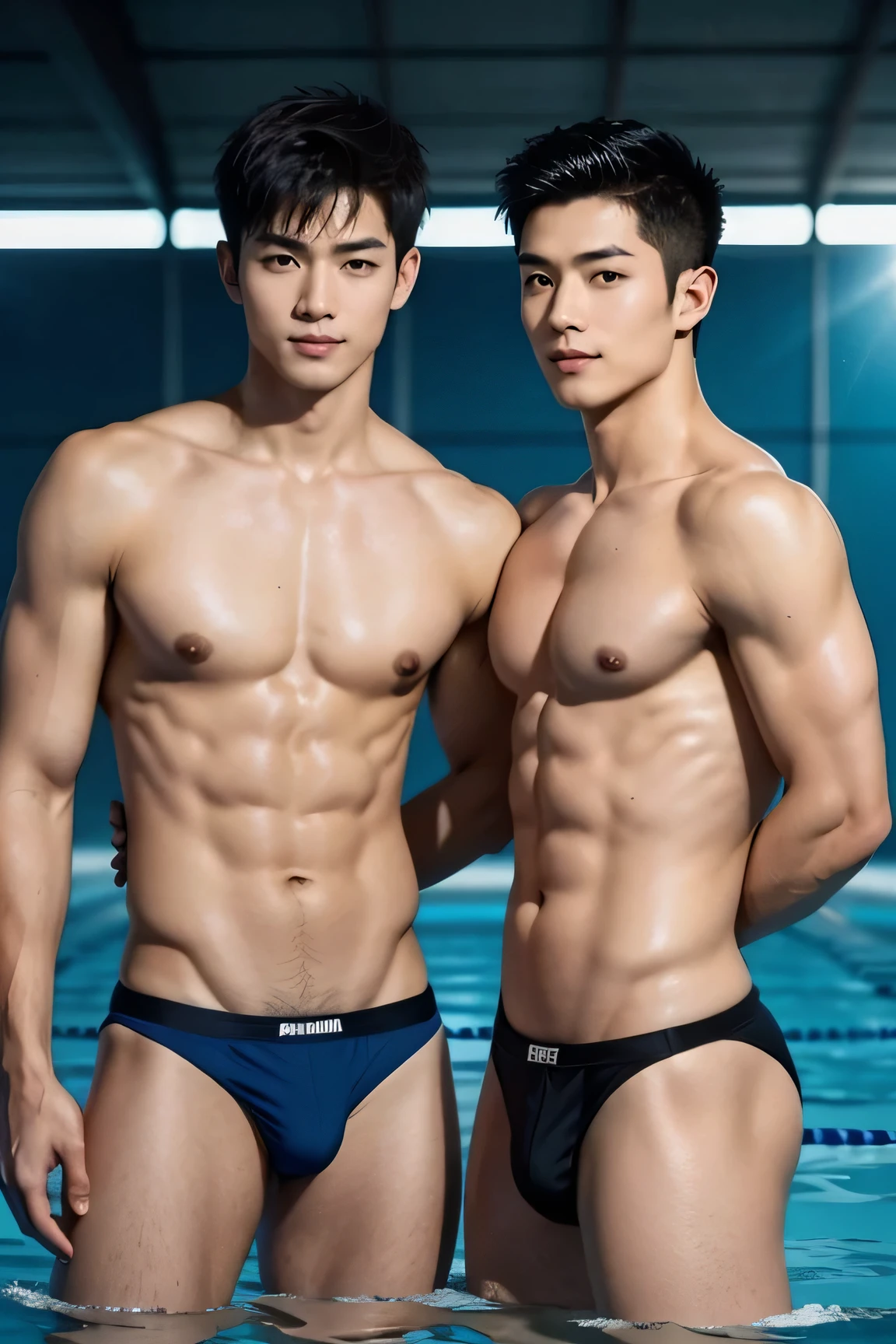 Two handsome guys 2 Asian Male Models adult Black Hair short hair Short cut Beautiful Skin slim and muscular Very small tight speedo swimwear Tight T-back Both of them are topless looking at the camera smile A smaller, tighter blue thong competitive swimming pool The other two were wearing smaller, tighter, all-blue thongs. Touching in the water