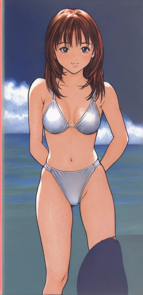 Iori is standing in a bikini, blushing shyly, with her mouth open, legs spread to the sides, and hands on her hips.。