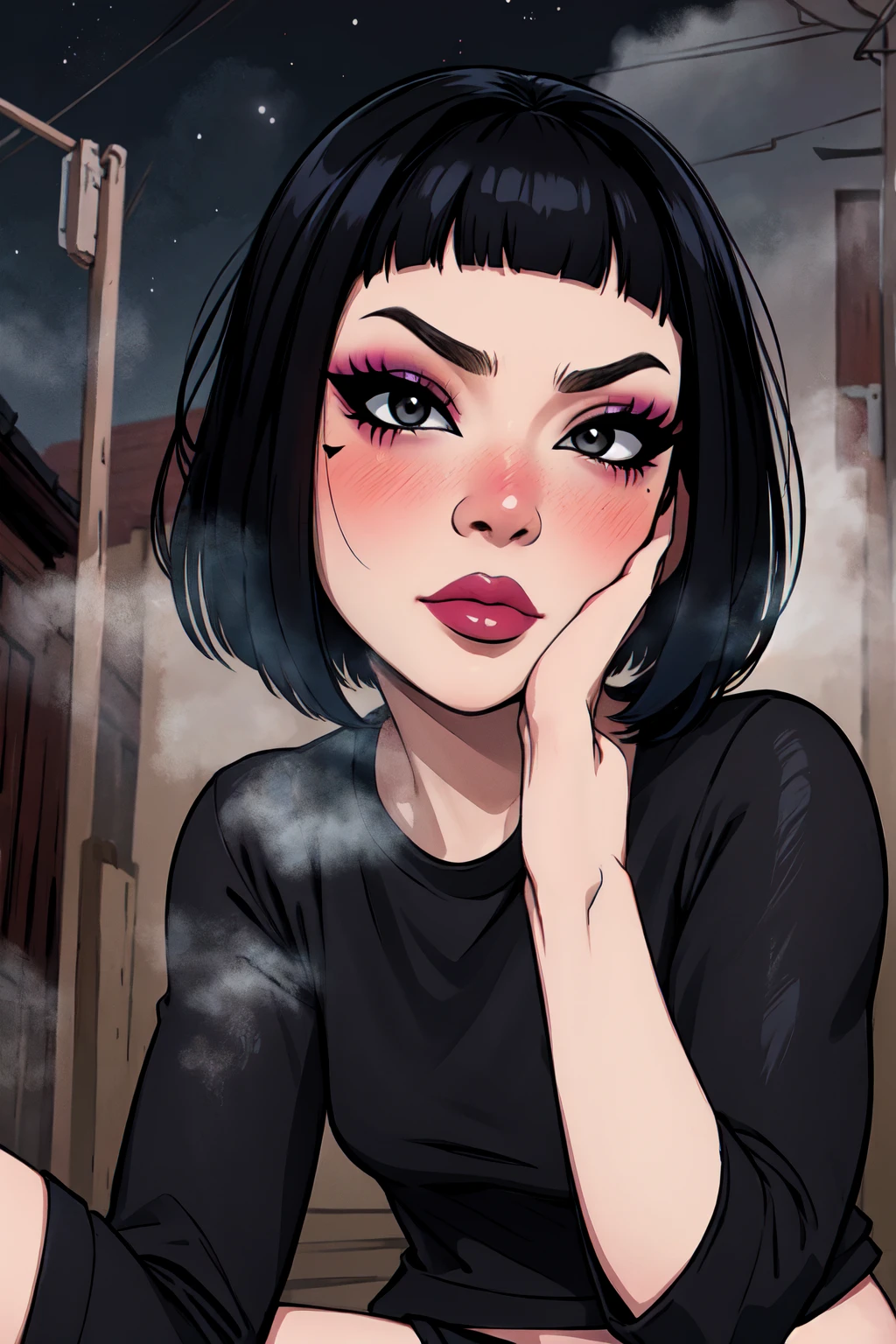 1girl, FengMin, solo, skinny, black eyes, asian eyes, eyeliner, looking at viewer, lips, black bob cut, blunt bangs, blush, , sitting on the motocicle, dinamic poses, whole body, face focus, outdoors, horror \(theme\), night, fog egirlmakeup,