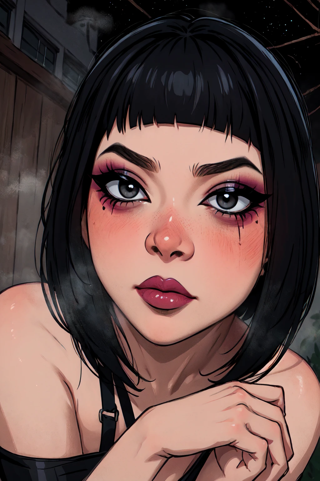 1girl, FengMin, solo, skinny, black eyes, asian eyes, eyeliner, looking at viewer, lips, black bob cut, blunt bangs, blush, , sitting on the motocicle, dinamic poses, whole body, face focus, outdoors, horror \(theme\), night, fog egirlmakeup,