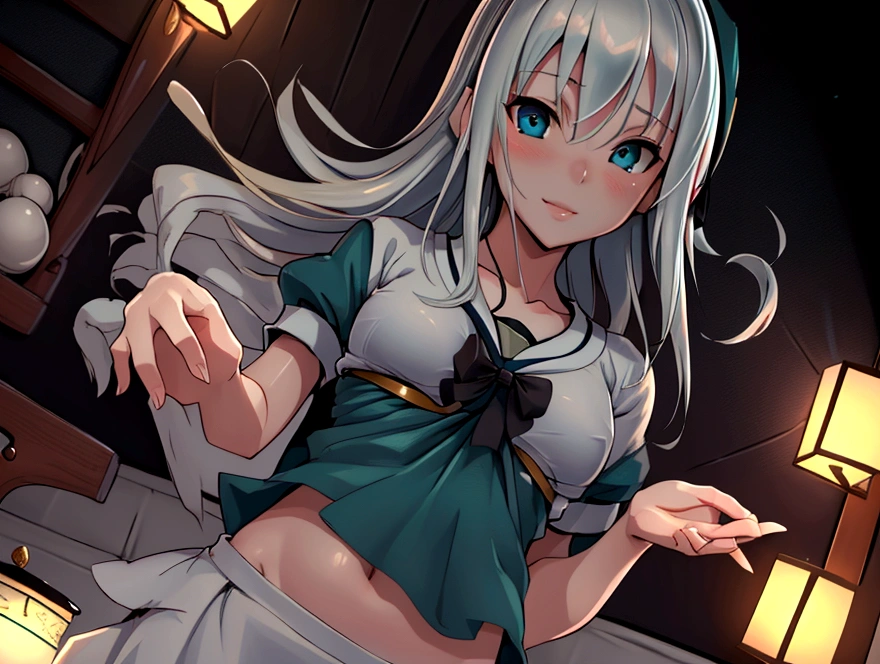 ((masterpiece)), (best quality), beautiful, extremely detailed face, perfect lighting,ultra-detailed ,flushed, midriff ,   , top-quality, begging look,  , povbreastgrab, shirtlift, pov, looking at viewer,  shirakami fubuki