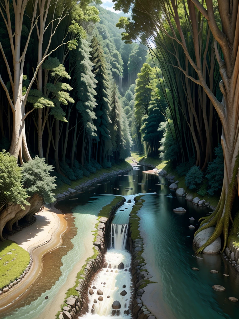 A river with large trees plus natural and natural three with clean water