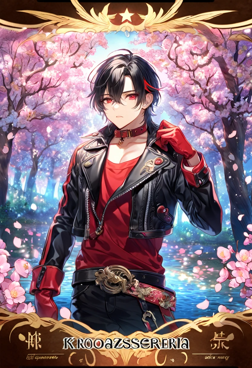 absurdres, highres, ultra detailed, HDR, master piece, Shin, messy black hair, red streaks, expressive red eyes, cropped black leather jacket, Amnesia, sexy man, handsome, best quality, blossoms, pink petals, pink flowers, fantasy, magical, blue shining fireflies, solo, water, red shirt with black patterns, red gloves, red collar, 'Krozseria' is written on the picture