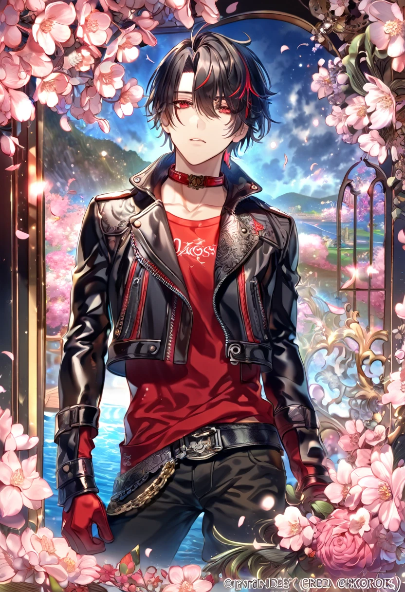 absurdres, highres, ultra detailed, HDR, master piece, Shin, messy black hair, red streaks, expressive red eyes, cropped black leather jacket, Amnesia, sexy man, handsome, best quality, blossoms, pink petals, pink flowers, fantasy, magical, blue shining fireflies, solo, water, red shirt with black patterns, red gloves, red collar, 'Krozseria' is written on the picture