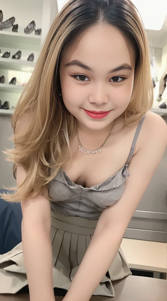 8K, highest quality, real image, intricate details, super detailed, Super high resolution, depth field,(realistic,realistic:1.2),table top , Frontal shot , From the middle , 1 girl, very beautiful 17 year old girl, highly detailed eyes:1.2)、wavy hair、curly hair、bangs、, perfect skin, Fair skin, small breasts, tight waist, light blush, alone, looking at the viewer, light smile, ((lace camisole top), (gray pleated skirt)