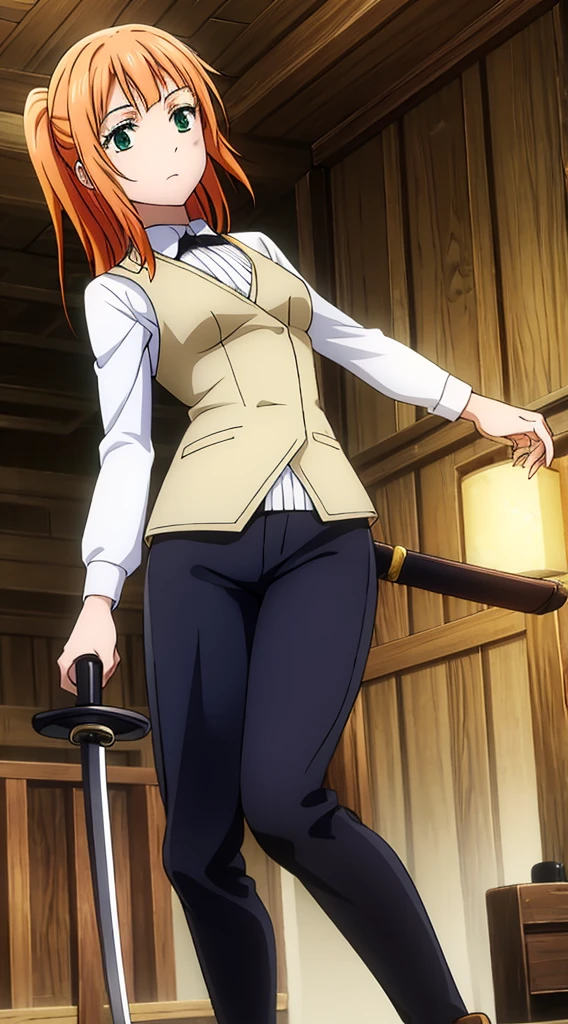 Tied long orange hair, green eyes, white pants, black corset, white long-sleeved blouse, sword at side, brown boots