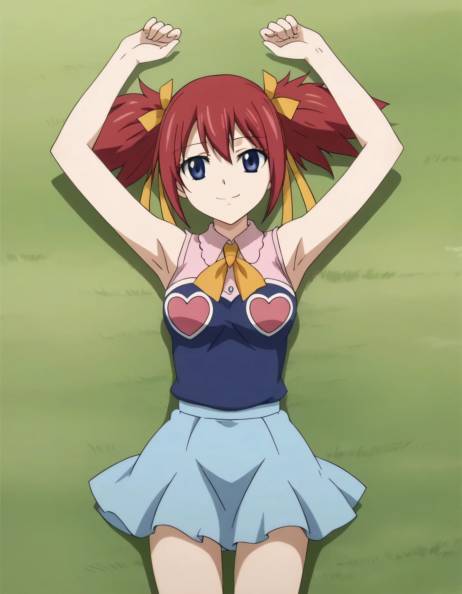 chelia_blendy, source_anime, rating_safe, intricate details, anime screencap, anime coloring, 1girl, solo, red hair, blue eyes, ribbon, hair ribbon, twintails, short twintails, looking at viewer, high quality, solo, lying, on back, arms up, spread arms, closed mouth, on grass, center, (cowboy shot:1.5), looking at viewer, suggestive smile, best quality