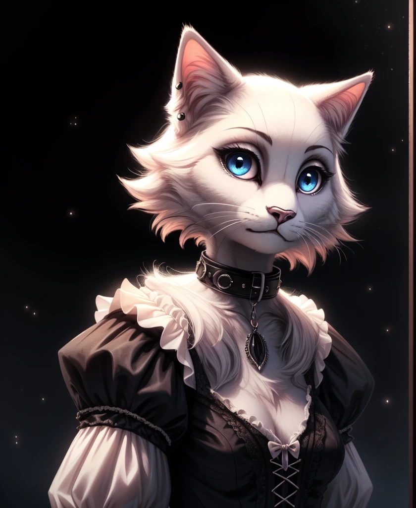 Ragdoll cat,furry,female,(beautiful and fluffy fur,fluffy and cute cat:1.1),SFW,(elegant and mysterious style,stylish gothic fashion:1.2), (dark and atmospheric ambiance:1.1),gothic collar,moonlit background,dramatic lighting,soft and gentle expression, piercing blue eyes,strong contrast,subtle shadows,detailed whiskers,sculpted paws,vivid colors,pastel tones,subtle gradients con collar dama felina llamada mina Roswell