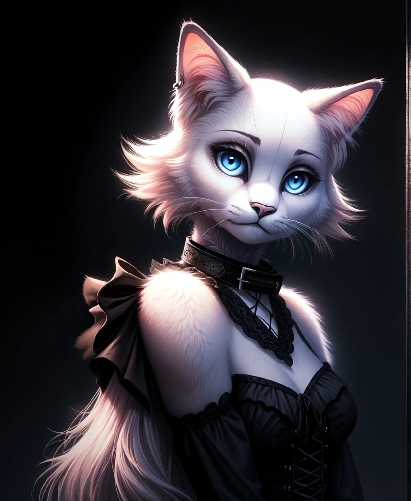 Ragdoll cat,furry,female,(beautiful and fluffy fur,fluffy and cute cat:1.1),SFW,(elegant and mysterious style,stylish gothic fashion:1.2), (dark and atmospheric ambiance:1.1),gothic collar,moonlit background,dramatic lighting,soft and gentle expression, piercing blue eyes,strong contrast,subtle shadows,detailed whiskers,sculpted paws,vivid colors,pastel tones,subtle gradients con collar dama felina llamada mina Roswell